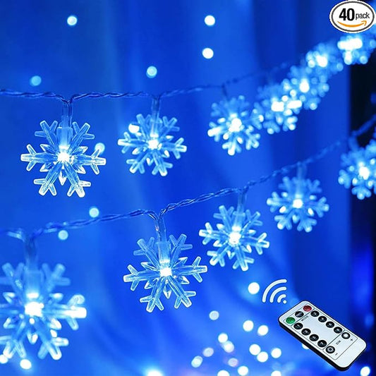 Christmas Snowflake String Lights, 20 FT 40 LED Battery Operated Blue Fairy Lights with Remote, 8 Modes Hanging Lights for Bedroom Room Decor Patio Party Wall Indoor Outdoor Xmas Tree Decorations