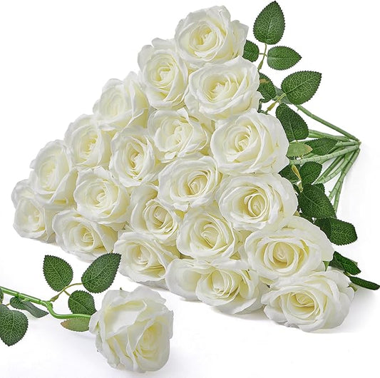 Serwalin 20PCS Artificial White Roses, 4'' Big Flower Head, Ivory Silk Roses, Velvet Fake Roses Bouquet Long Stem Roses for Home Decor Wedding and Table Centerpiece
