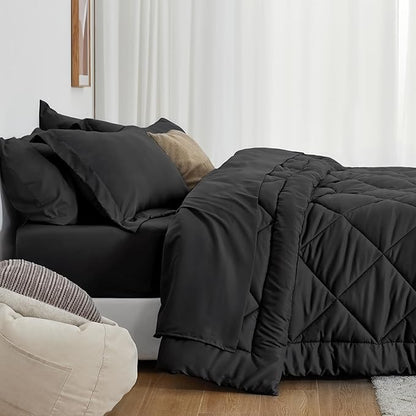 Love's cabin King Size Comforter Set Black, 7 Pieces King Bed in a Bag, All Season Bedding Sets with 1 Comforter, 1 Flat Sheet, 1 Fitted Sheet, 2 Pillowcase and 2 Pillow Sham