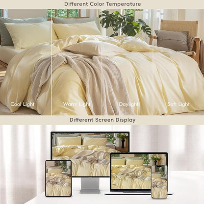 MooMee Bedding Duvet Cover Set 100% Washed Cotton Linen Like Textured Breathable Durable Soft Comfy (Heathered Butter Yellow, Super King 108"x98")