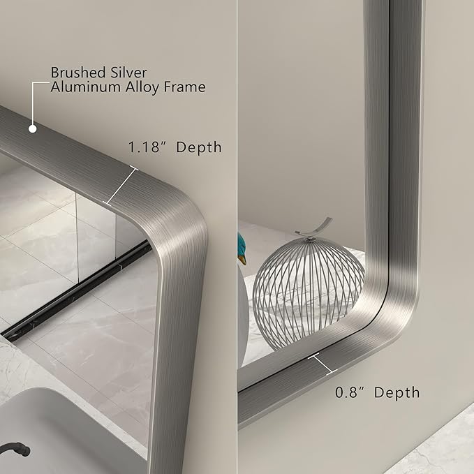 48x32 Silver Bathroom Mirror for Wall, Brushed Metal Framed Bathroom Vanity Mirror, Modern Rectangle Mirror, Rounded Corners, Shatterproof (Horizontal/Vertical)