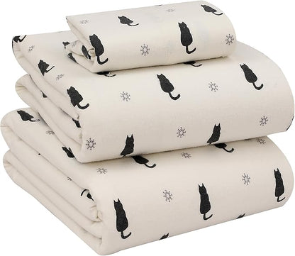 RUVANTI Flannel Sheets Twin Size - 100% Cotton Double Brushed Twin Sheets Set, Deep Pockets 16 Inches, All Seasons Breathable & Extra Soft Bed Sheets, Warm & Cozy, 3 Piece, Black Cat