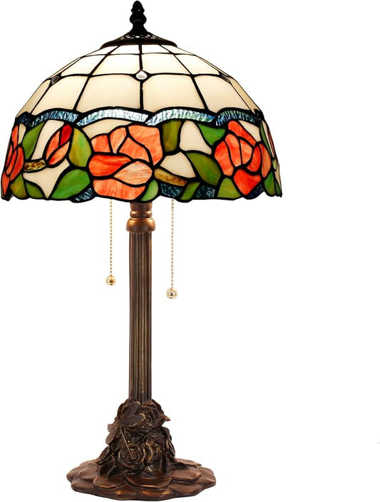 Tiffany Stained Glass Table Lamp 12X12X21Inch Resin Base Desk Bedroom Living Room Reading Light (red Rose)