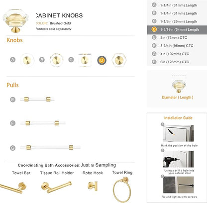 QOGRISUN 15-Pack Brass Crystal Cabinet Knobs,Glass Crystal Gold Drawer Knobs,1-5/16-Inch Hexagon,Decorative Dresser Pulls, Modern Cabinet Hardware