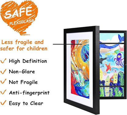 KINLINK 9x12 Kids Art Frames Set of 2, Solid Wood Kids Artwork Frames Changeable with Acrylic Front Opening Holds 150 Pictures, Art Frame for Kids Artwork with Mat or without Mat, Black
