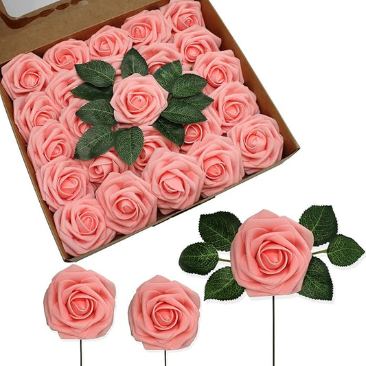 JOYLEX 100Pcs Pink Artificial Flowers Realistic Roses, Real Looking Fake Roses with Stem for DIY Wedding Bouquets Centerpieces Bridal Shower Party Home Romantic Decorations (Pink, 100pcs)