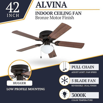 Prominence Home Alvina Traditional 42 Inch Ceiling Fan with Light, LED Flush Mount Ceiling Fan, Indoor Fan with 5 Blades, Light Cherry and Maple Brown Blade Finish Options, Bronze (50860-01)