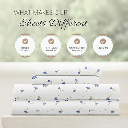 Linen Market Double-Brushed Patterned Microfiber California King Sheet Set 4 Piece – Oeko-TEX Certified Ultra Soft & Wrinkle-Free - 16" Deep Pocket Sheets Easy Care Cal-King Size - Soft Floral Blue