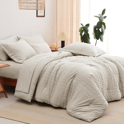 CozyLux Oversized Queen Comforter Set Beige Seersucker 7 Pieces 98x98 Bed in a Bag Comforter Set with Sheets, Luxury Soft Bedding Sets with Down Alternative Comforter, Sheets, Pillowcases & Shams
