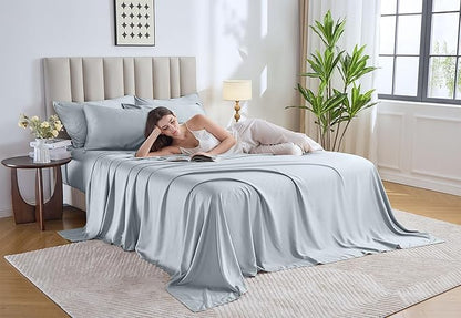 Pure Bamboo Queen Sheets, Genuine 100% Organic Viscose Derived from Bamboo Bed Sheet Set, Luxuriously Soft & Cooling, Double Stitching, Lifetime Quality Promise (Queen, Glacier)