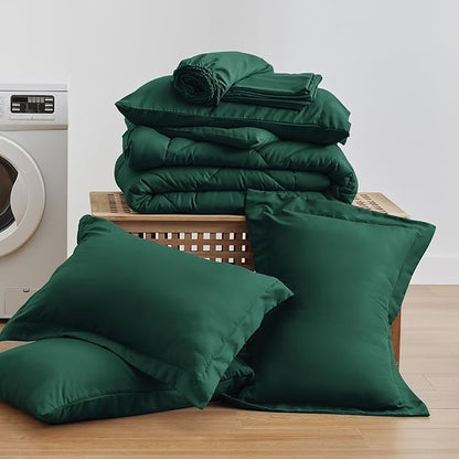 Love's cabin Full Comforter Set Dark Green, 7 Pieces Full Bed in a Bag, All Season Bedding Sets with 1 Comforter, 1 Flat Sheet, 1 Fitted Sheet, 2 Pillowcase and 2 Pillow Sham