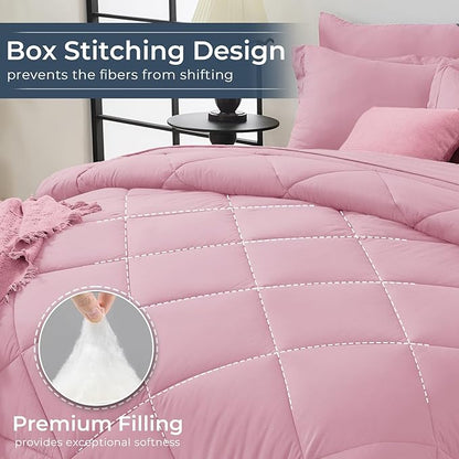 HEVUMYI Pink King Comforter Set - 7-Piece All Season Bed in a Bag King, Ultra Soft Bedding Set with Comforter, Flat Sheet, Fitted Sheet, Pillowcases, Pillow Shams, Pink
