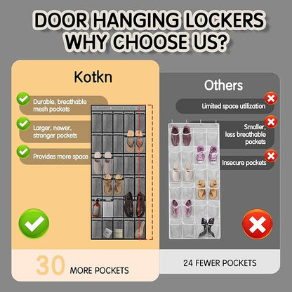 Over the Door Shoe Organizer with 30 Breathable Mesh Pockets - Large Capacity Closet Storage for Men & Women, Hanging Shoe Rack Organizer -Gray