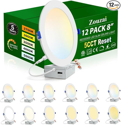 zouzai 12 Pack White 8 inch 18W 1620LM 5CCT Reset Ultra-Thin LED Recessed Ceiling Light with Junction Box, 2700K/3000K/3500K/4000K/5000K Selectable,Dimmable - ETL and Energy Star Certified