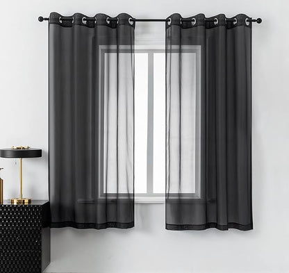 DUALIFE Gorgeous Black Sheer Curtains 63 Inch Length for Bedroom Set of 2 Panels Grommet Semi Voile Window Drapes Elegant Office Curtains for Men Living Room 52x63 Inches Long