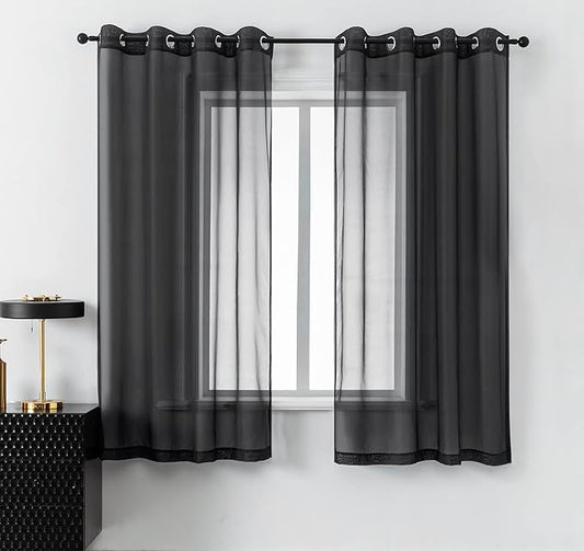 DUALIFE Gorgeous Black Sheer Curtains 63 Inch Length for Bedroom Set of 2 Panels Grommet Semi Voile Window Drapes Elegant Office Curtains for Men Living Room 52x63 Inches Long