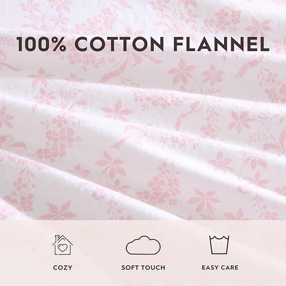 Laura Ashley - Flannel Sheets Full Size, Anti-Pilling & Wrinkle Resistant Cotton, Touchably Soft for All-Season Comfort - Bed Sheets with Matching Pillowcases & Fitted Sheet (Antoinette Pink)