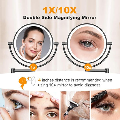FASCINATE Upgraded Wall Mounted Makeup Mirror with Lights, Super Large Double Sided 1X/10X Magnifying Mirror for Bathroom, 360° Swivel Extendable Plug Touch Sensor Vanity Mirror