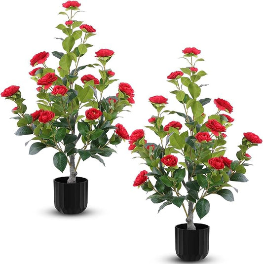Hananona 2 Pcs Artificial Camellia Trees Faux Camellia Plant in Pot with Flowers Indoor Plants for Spring Home Decor Outdoor Porch Front Door Decor (Red, M)