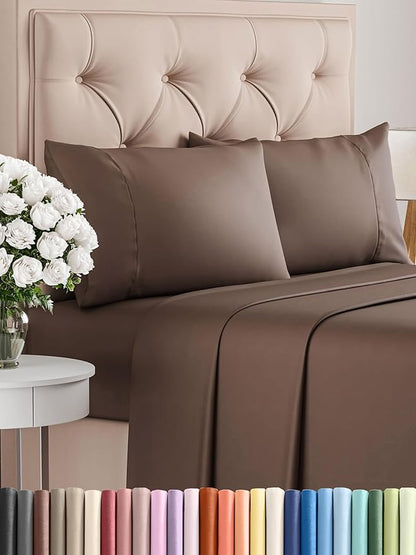 Twin XL 4 Piece Sheet Set - Comfy Breathable & Cooling - Ultra Soft Hotel Luxury Bedding Set w/ 8-16 Inch Deep Pockets - 1 Flat & 1 Fitted Sheet & 2 Pillowcases - Wrinkle Free and Easy Care - Brown
