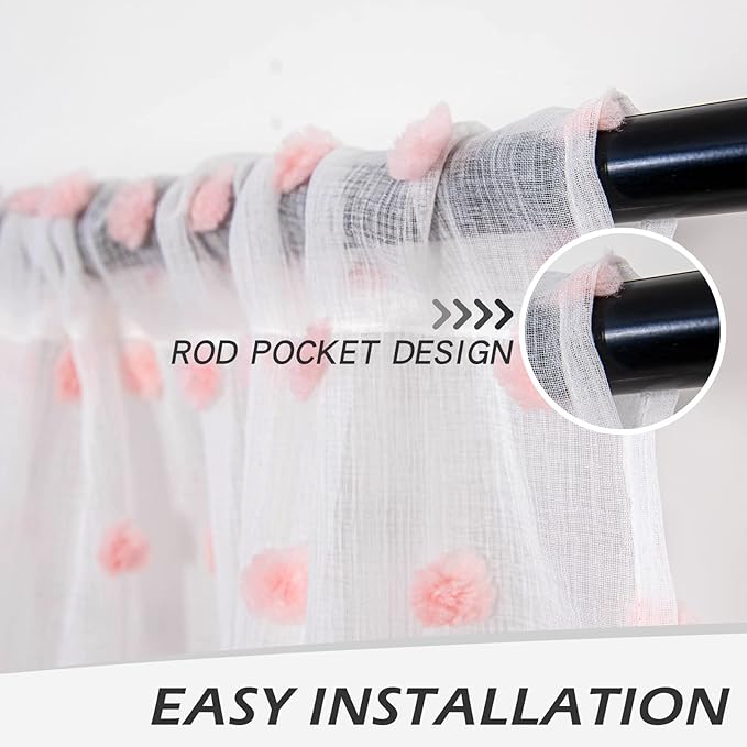 MYSKY HOME 95 Inch Pom Pom Sheer Curtains for Living Room and Bedroom - Baby Pink, White, Blush - Rod Pocket Window Backdrops for Large Sliding Door (38 x 95 in, Set of 2)