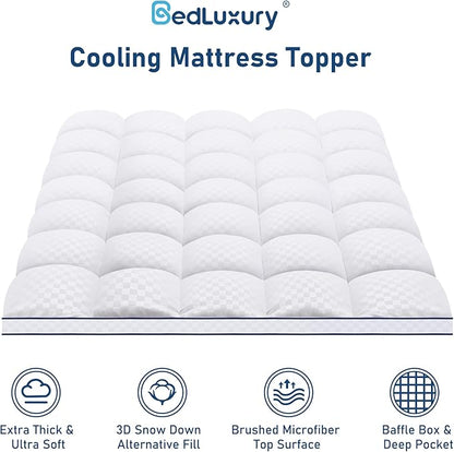 Bedluxury Queen Mattress Topper Extra Thick Pillowtop Mattress Pad Cover Cooling and Plush with 8-21 Inch Deep Pocket 3D Snow Down Alternative Fill