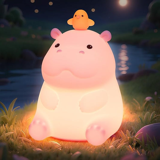 Cute Hippo Gifts for Kids,Pink Hippo Night Light, Dimmable Silicone Animal Nursery Night Light, Adorable Rechargeable Squishy Touch Lamp, Hippopotamus Gifts for Boys Girl Baby Room Decor