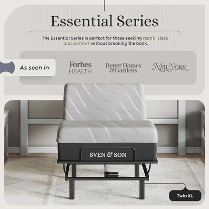 Sven and Son Essential Adjustable Bed Base (Frame) + 14 inch Hybrid Spring Matt (Medium Soft), Easy Assembly, Head and Foot Lift, Memory Positions, Zero Gravity, Wireless Remote - Twin XL
