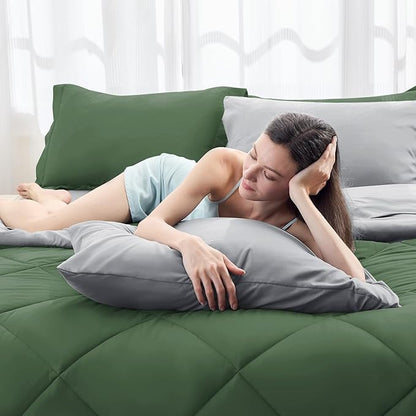 HEVUMYI Twin-XL Comforter Set - 5-Piece All Season Bed in a Bag Twin-XL, Ultra Soft Bedding Set with Comforter, Flat Sheet, Fitted Sheet, Pillowcases, Pillow Shams, Green & Light Grey