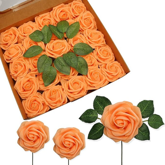 JOYLEX Artificial Flowers Orange Realistic Roses, 50pcs Real Looking Fake Roses with Stem for DIY Wedding Bouquets Centerpieces Bridal Shower Party Home Romantic Decorations (50pcs, Orange)