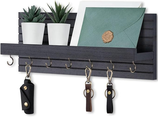 Decorative Key Holder for Wall with Shelf, Entryway Shelf with Hooks Holds Leashes, Jackets and Glasses – Sturdy Wood Keyholder Entrance Hanger with Mounting Hardware (Black, Large)
