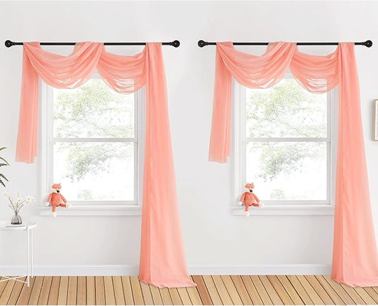 NICETOWN Coral Pink Scarf Voile Sheer Textured for Princess Decor, Lovely Window Topper Decorative Valance for Girls/Daughter's Bedroom, W60 x L216, 1 Pair