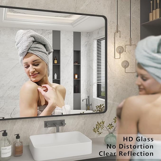 40x36 Inch Black Metal Framed Bathrrom Mirror for Wall, Black Rounded Rectangle Mirror, Matte Black Bathroom Vanity Mirror, Anti-Rust, Tempered Glass, Hangs Horizontally or Vertically