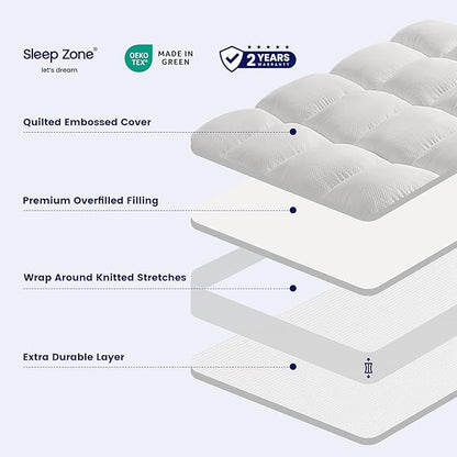 SLEEP ZONE Mattress Topper Full Size, Extra Thick Fitted Mattress Pad for Back Pain, Plush and Support Mattress Cover, Deep Pockets Mattress Protector, Hotel Quality (White, Full)