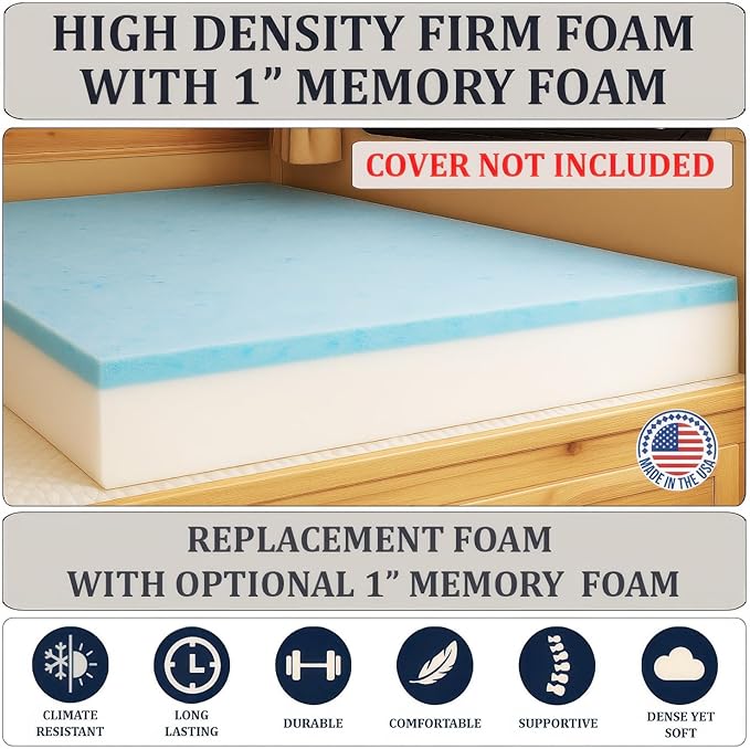 Foamma 7” x 24” x 72” Truck, Camper, RV Travel Visco Gel Memory Foam Bunk Mattress Replacement, Made in USA, Comfortable, Travel Trailer, CertiPUR-US Certified, Cover Not Included