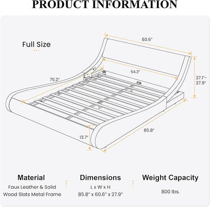 SHA CERLIN Modern Low Profile Platform Bed Frame Full Size, Stylish Faux Leather Upholstered Sleigh Bed with Adjustable Headboard, No Box Spring Needed, Black & White