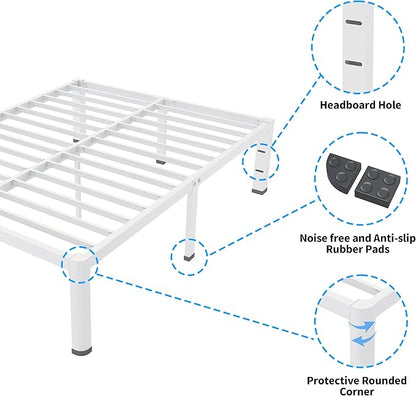 ROIL 14 Inch White Twin Size Bed Frame with Rounded Corner and Headboard Hole Mattress Retainers 3500LBS Heavy Duty Steel Slats No Box Spring Needed Platform Noise-Free Easy Assembly