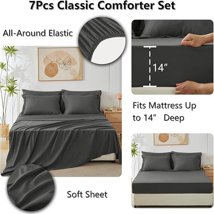 CozyLux Queen Comforter Set Dark Grey - Bed in a Bag Queen Size 7 Pieces, Luxury Soft Bed Set for All Seasons, Bedding Set with Down Alternative Comforter, Sheets, Pillowcases & Shams