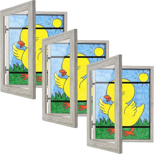 [3-Pack] Kids Art Frames, 8.5x11 Front Opening Kids Artwork Frames Changeable, Grey Wood Grain Artwork Display Storage Frame for Wall, Holds 50 Pcs, for 3D Picture, Crafts, Children Drawing, Hanging