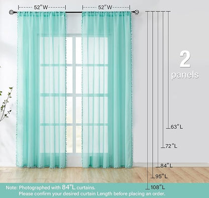 Treatmentex Pompom Sheer Curtains for Kids-Room 72" Aqua-Blue Slub Textured Window Sheer Panels for Bedroom Living Room 52" Wide, 2 Panels Rod Pocket