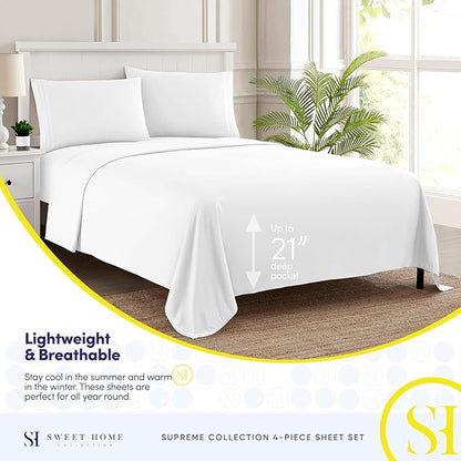 Queen Size Bed Sheets - Breathable Luxury Sheets with Full Elastic & Secure Corner Straps Built In - 1800 Supreme Collection Soft Deep Pocket Bedding, Sheet Set, EXTRA DEEP pocket - Queen, White