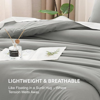 Litanika Comforters Medium Gray Full Size, 3 Pieces Lightweight Solid Bedding Set & Collections, All Season Fluffy Bed Set (79x90In Comforter & 2 Pillowcases)