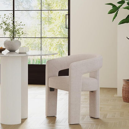 Modern Barrel Dining Chair, Linen Upholstered Accent Side Chair with Arms Comfy Makeup Vanity Chair, Dining Living Room Kitchen Chair, Beige