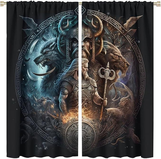 Cool Norse Viking Theme Curtains,Fantasy Ancient Symbols Wildlife Wolf Nordic Vikings Window Drapes Thermal Insulated Rod Pocket Blackout Drapes for Bedroom 2 Panels 63L x 31.5W