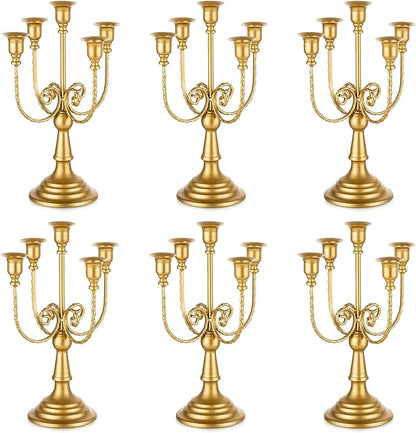 Romadedi Candelabra Gold Candle Holders - 5 Arm 11.8" Wedding Candlestick Holder for Theme Party Table Centerpiece Decor Dining Room Birthday Holiday Christmas, Set of 6