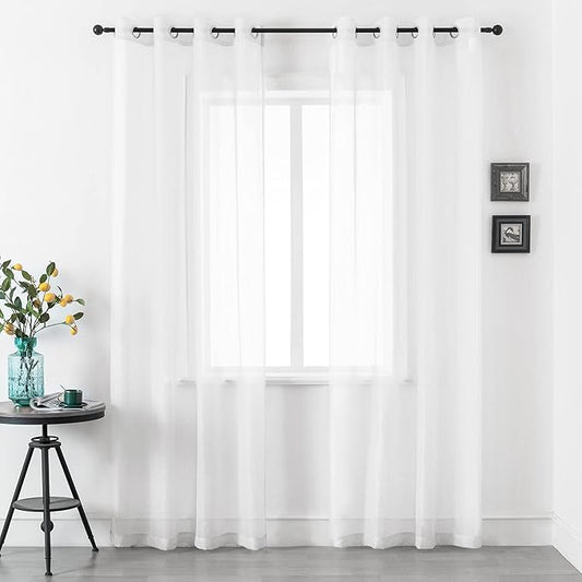 DUALIFE White Sheer Curtains 96 Inches Long Set 2 Panels Grommet Semi Transparent Drape Tulle Gauze Voile Window Sheer Curtains for Bedroom Living Room Dining Wide 52 Length Solid Color