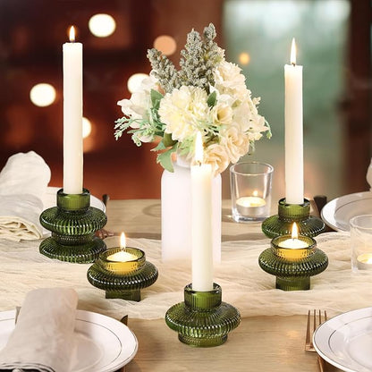 Green Taper Candle Holders Set of 10 for Taper Candles/Tea Lights, Ribbed Glass Candlestick Holders for Boho Wedding Table, Vintage Candle Sticks Holder Decor Home Decor