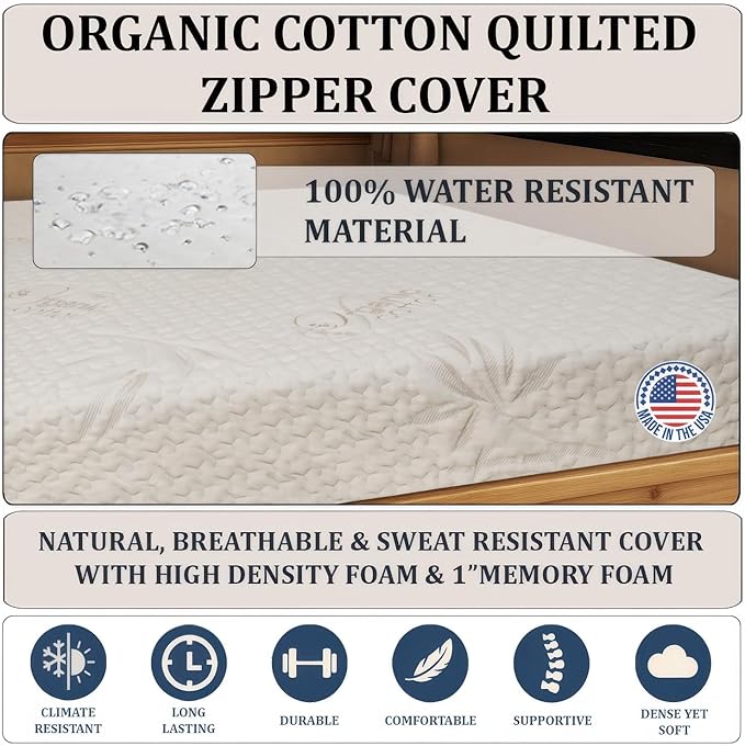 Foamma 10” x 32” x 75” Camper/RV Travel Gel Memory Foam Foam Bunk Mattress, Organic Cotton Cover, Made in USA, Comfortable, Travel Trailer, CertiPUR-US Certified
