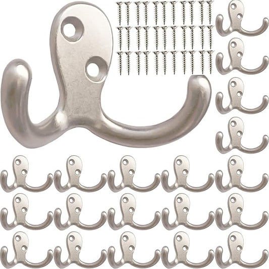 20 Pcs Coat Hooks Hardware Wall Hooks Heavy Duty Hooks for Hanging Coats Double No Rust Hook Wall Mounted for Key, Towel, Bags, Cup, Hat