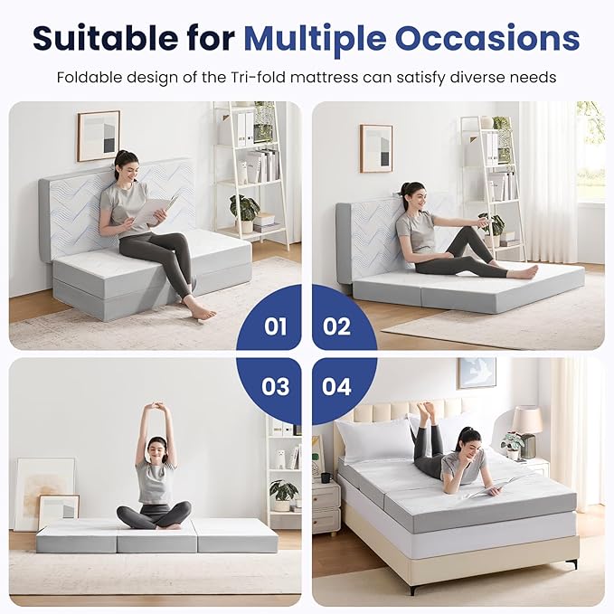 Foldable Mattress Cot 4 inch -Portable White Memory Foam Folding Matress with Washable Cover for Camping Travel Guest Room Home Use-Non-Slip&Easy Storage